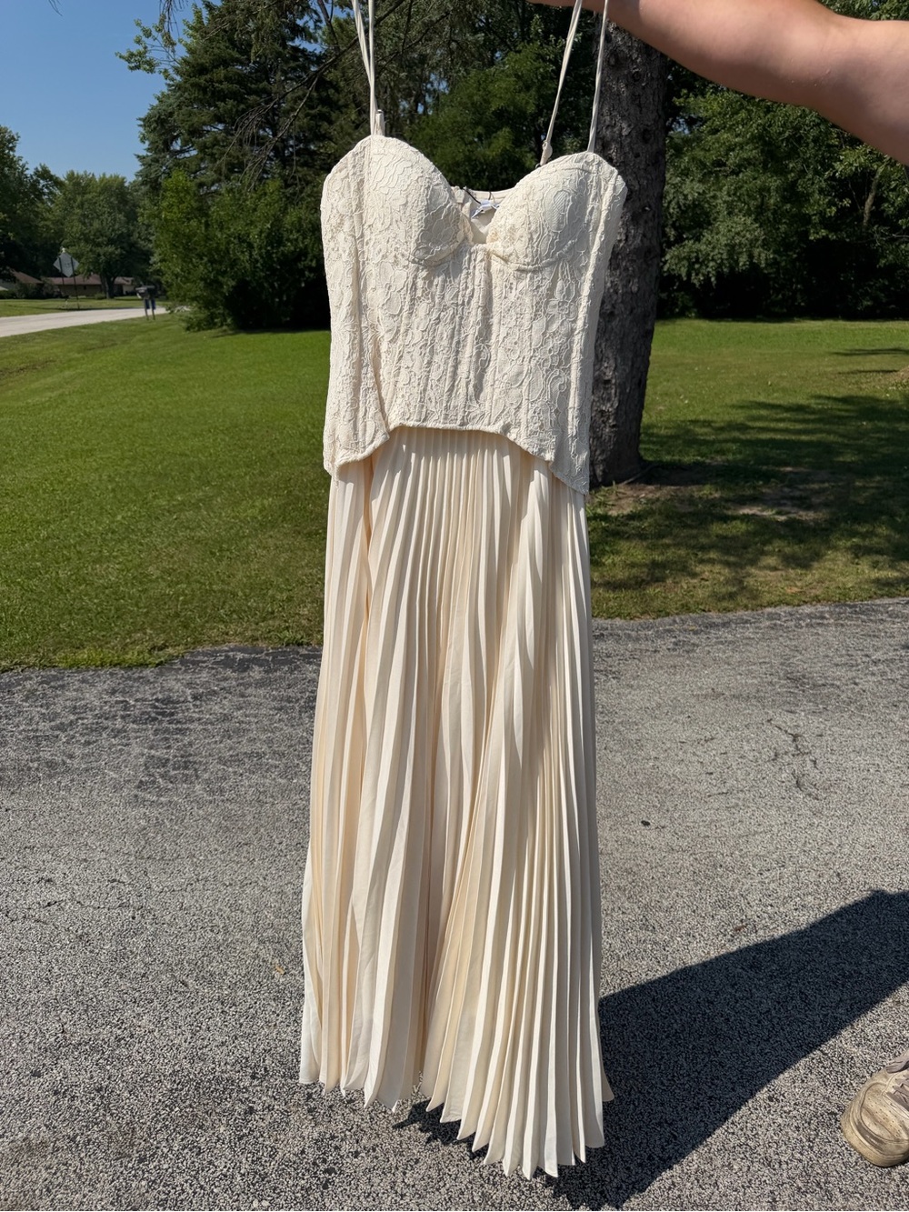Fashion Nova Cream Lace Bust Pleated Maxi Dress